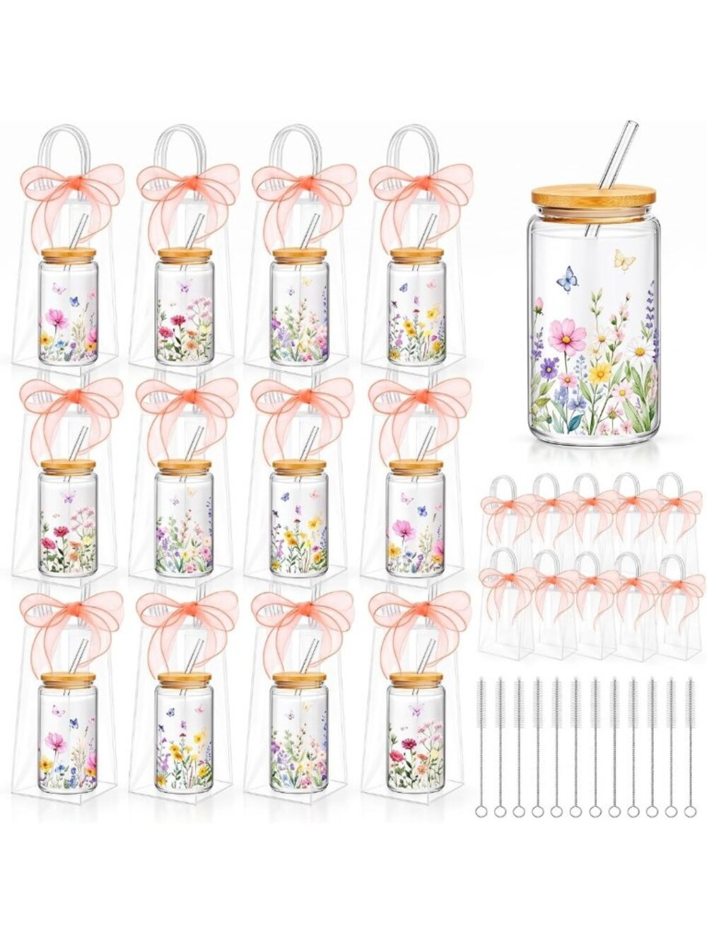 12 Sets Wildflower Glass Cups with Lids & Straws - Cute 16 Oz Drinkware Bulk